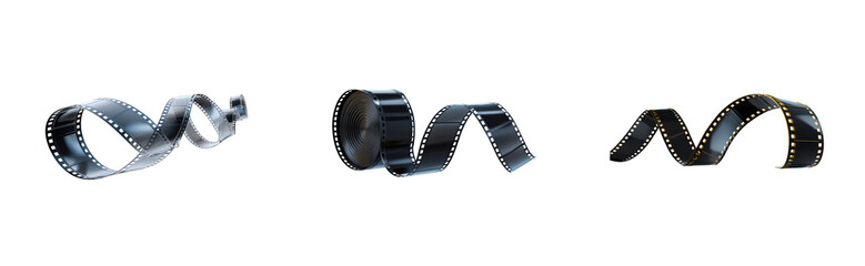Cinematic film strips coiled and curved against a black void, cut out transparent