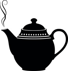 Classic black silhouette of a vintage teapot with steam rising from its spout perfect for beverage or kitchen themes
