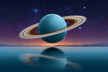 Fototapeta premium Planet with rings reflecting on water surface under starry sky