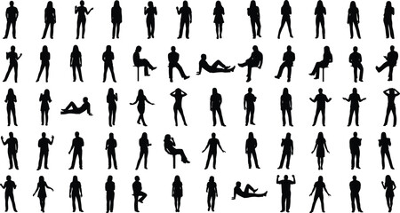 Silhouette, people, poses, standing, sitting, leaning, gesture, walking, action, movement, posture, lifestyle, vector, illustration, crowd, human, figure, body, activity, black