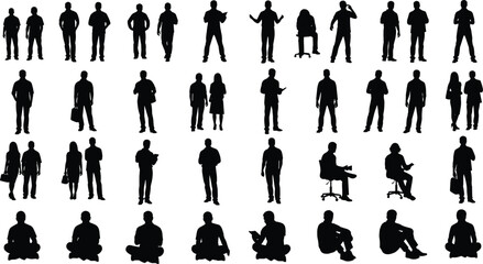 Silhouette, people, standing, sitting, walking, reading, gesturing, bag, book, posture, leisure, lifestyle, activity, movement, human, vector, illustration, motion, casual, scene