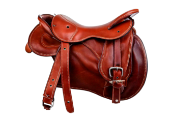 A brown leather saddle with a saddle strap isolated on transparent or white background