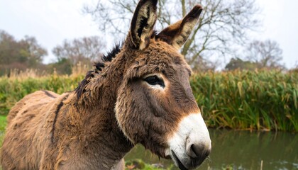 Close-up of a shaggy donkey, its profile highlighted against a backdrop of foliage and a calm waterway, showcasing the animal's textured coat and attentive gaze.