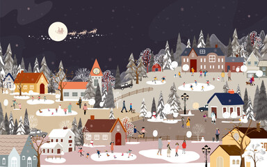 Winter City Scene,Christmas Greeting Card,New Year Background,Vector illustration Endless Horizon Cute Fairy Houses with Snowy. Christmas winter landscape Design for Postcard