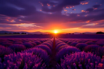 Fototapeta premium Vibrant Lavender Field at Sunset with Dramatic Sky