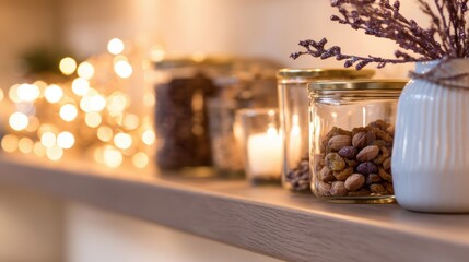 Cozy kitchen shelf adorned with jars of nuts and candles, illuminated by warm fairy lights in the background