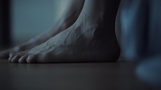 A man's bare feet gently touch the wooden floor, showing the moment he wakes up. He just got up from the couch early in the morning, close-up of the man's toes