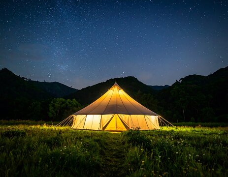 Illuminated tent under a starlit night sky