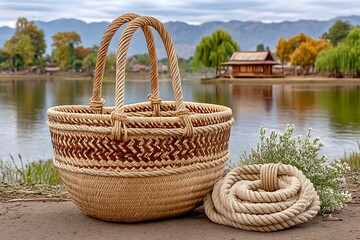 Woven Basket Rope Flowers Lakeside Scene High Resolution Picture
