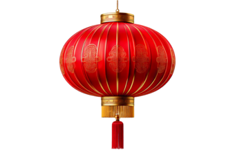 Chinese red lanterns with gold trim 3D, isolated on transparent or white background