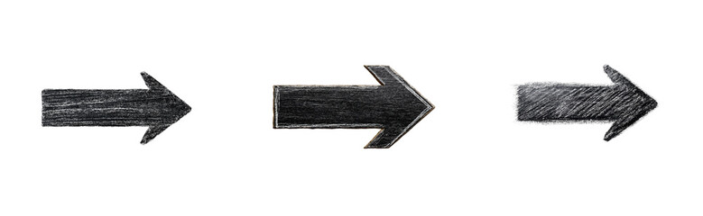 Three textured black arrows pointing right on a stark black background, cut out transparent