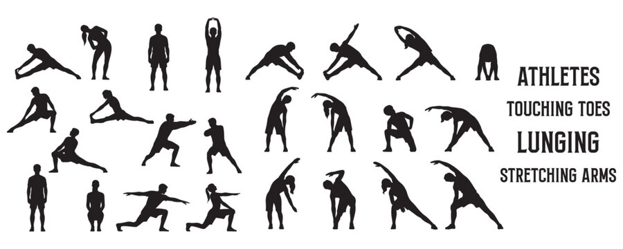 Architectural Drawings athletes touching toes, lunging, or stretching arms silhouette vector illustration, front view, human person Minimal style hand drawn. Sections, Elevations, Floor Plans