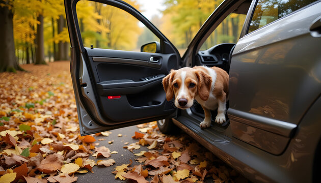 Dog exploring from car in autumn park with colorful leaves