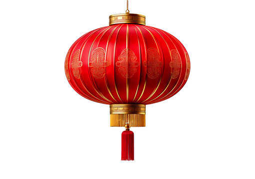 Chinese red lanterns with gold trim 3D, isolated on transparent or white background
