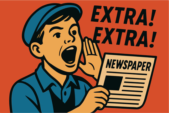Boy shouting Extra! Extra! and holding a newspaper, with bold lines, and retro comic book style on orange background, vector illustration for stock.