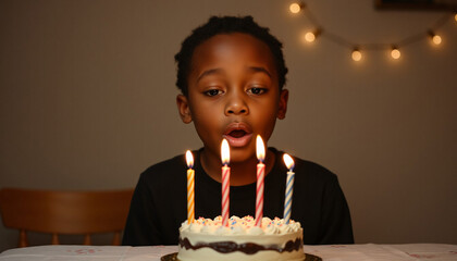 An African American boy blows out candles
on his birthday