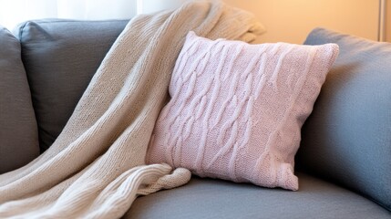 Cozy living room scene featuring a soft pink knitted pillow on a gray couch with a warm blanket