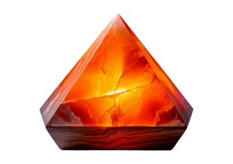 Geometric pyramid-shaped salt lamp emitting warm, soothing light, isolated on transparent or white background.