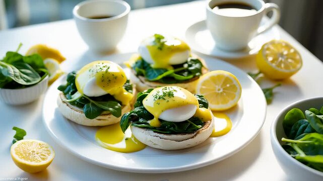Delicious eggs benedict with spinach served on toasted muffins with lemon slices and coffee cups on white table