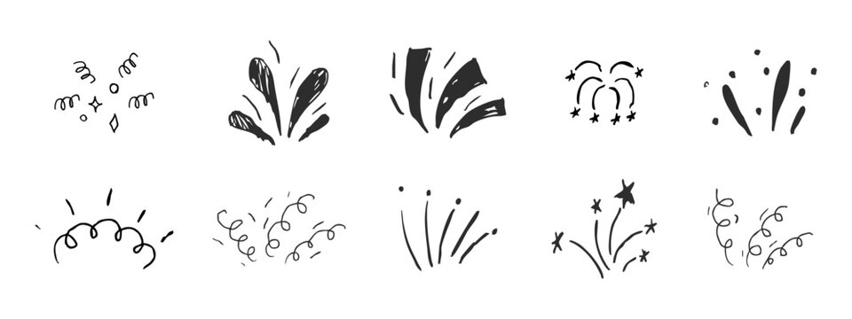 Set Firework confetti spark burst comic manga explosion. Doodle hand drawn line spark party celebration. Radial japan minimal set.