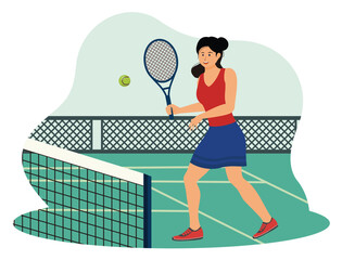 Playing tennis concept. Woman Playing Tennis on Outdoor Court Holding Racket During Game.
