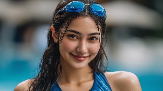 Beautiful swimmer woman is smiling in blue swimming costume. - Powered by Adobe