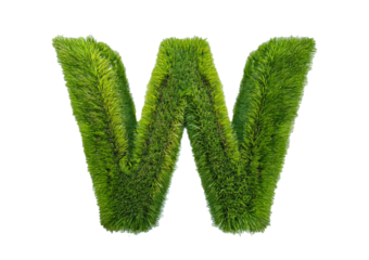 Grass font 3d rendering letter W isolated on a transparent or white background