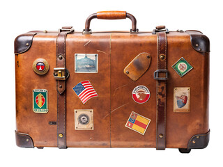 Vintage suitcase isolated on transparent background, a retro leather luggage with travel stickers, an old antique trunk for vacation, journey and adventure