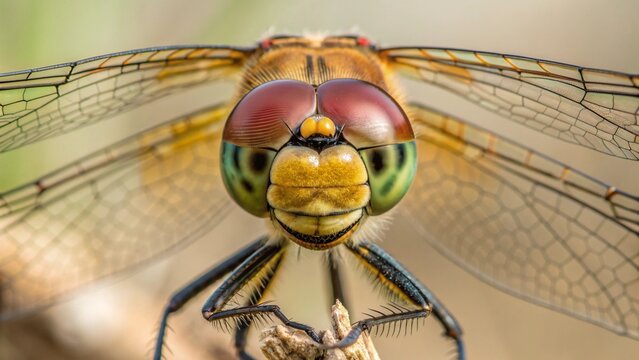 A detailed macro close-up of a vibrant green dragonfly with intricate wings and large compound eyes