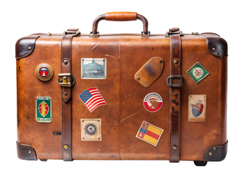 Vintage suitcase isolated on transparent background, a retro leather luggage with travel stickers, an old antique trunk for vacation, journey and adventure
