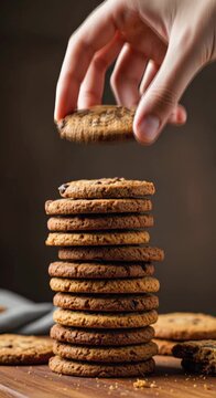 Vertical close-up of homemade cookies stacked on a wooden board, with a hand gently placing one on top, warm cozy lighting.