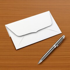 White Envelope and Silver Pen on Wooden Desk Stationery Office Writing