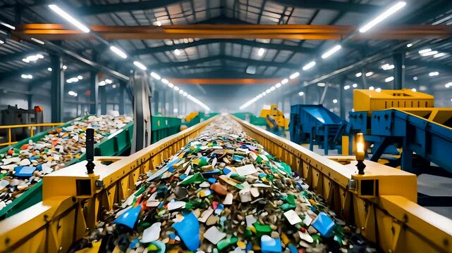 Large waste recycling plant interior with conveyor belts sorting plastic bottles and garbage under bright lighting