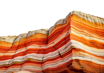 Layered rock formation showcasing dramatic orange and white stripes isolated on transparent or white background.