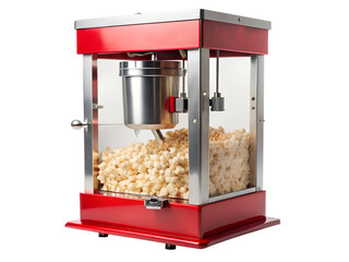 Vintage popcorn machine with red accents isolated on transparent background, perfect for movie nights and parties, a retro appliance for making delicious snacks