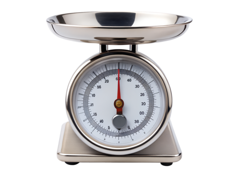 A shiny silver kitchen scale with a red pointer and a white face isolated on transparent background, perfect for measuring ingredients and portion control