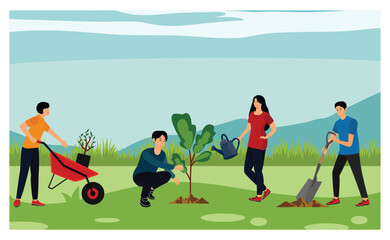 Obraz premium Caring for nature and environment concept. Group Engaged in Tree Planting Activity.