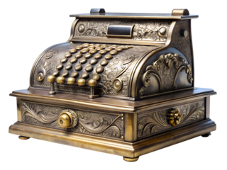An ornate antique cash register made of brass isolated on a transparent background, a vintage machine for handling money and transactions in a retail store