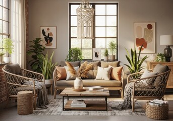 A cozy and stylish living room with a boho aesthetic, featuring natural textures like rattan and macrame, a comfortable sofa, and numerous houseplants, creating a warm, earthy atmosphere.