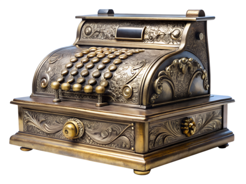 An ornate antique cash register made of brass isolated on a transparent background, a vintage machine for handling money and transactions in a retail store