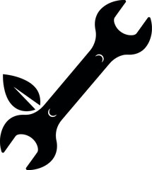 A black silhouette of a wrench with a green leaf growing from its side symbolizing eco friendly repair and sustainable maintenance
