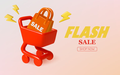 D Flash Sale Banner with Shopping Cart and Red Bag on Yellow Background