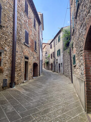 Narrow cobblestone passage bordered by aged stone structures, weathered green shutters adorning historic facades in medieval Civitella, Tuscan hillside village near Arezzo
