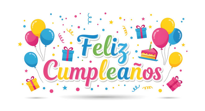 Colorful Feliz Cumplea&ntilde;os text greeting clipart with party decorations cheerful sticker design for happy birthday wishes