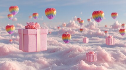 A Box flying on a parachute with pink cloud in valentine day,package flying down from sky and cloud with parachute, concept for delivery service,shopping online,air delivery service.