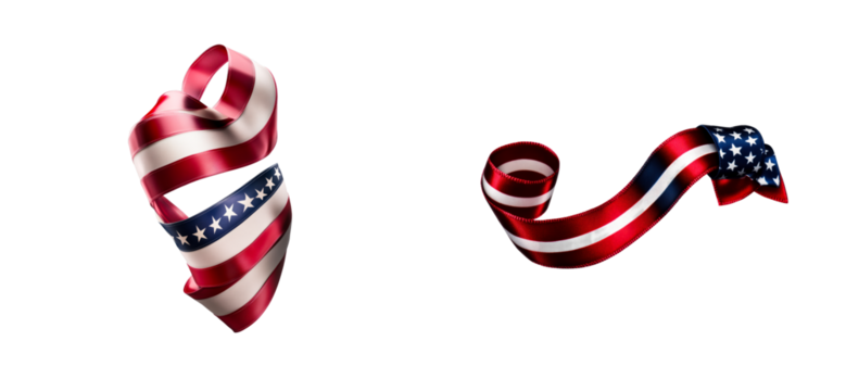 Flowing ribbons display American flag stars and stripes against a dark background, cut out transparent