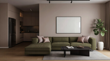 Fototapeta premium Modern living room with comfortable sectional sofa coffee table and minimalist artwork on wall