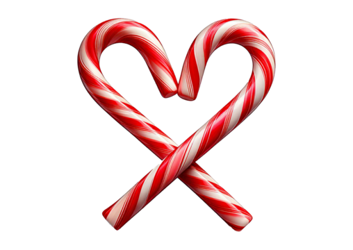 Two red and white candy canes crossed to form a heart shape, representing love and holiday, isolated on transparent or white background