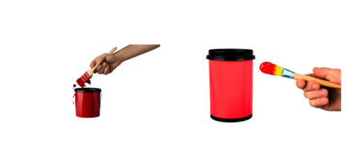 Hand holding paintbrush dipping into red paint can and other side showing paint on brush, cut out transparent