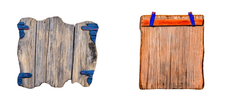 Two weathered wooden signs, one with blue and red accents, the other with orange and blue, isolated on black., cut out transparent - Powered by Adobe